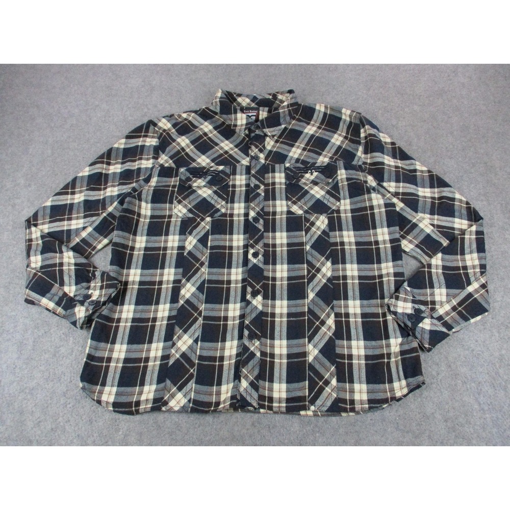 Rock Revival Shirt Mens 3XL XXXL Brown Blue Plaid Flannel Button Up Embroidery